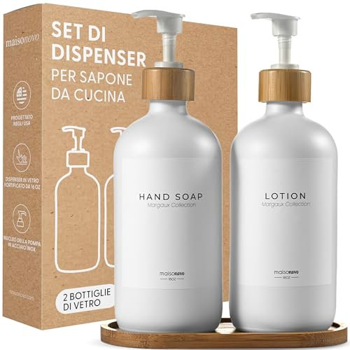 MaisoNovo Glas-Seifenspender für das Badezimmer | Handseifen- und Spülmittelspender-Set | 500 ml weiße Flaschen mit weißer Bambuspumpe | Badezimmer-Lotionspender mit Pumpe, 2er-Set