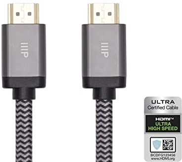 Monoprice Cable HDMI de ultra alta velocidad certificado 8K, trenzado, HDMI 2.1, 8K a 60Hz, 4K a 120Hz, 48Gbps, HDR, VRR, CL2 en pared, 25 pies, negro
