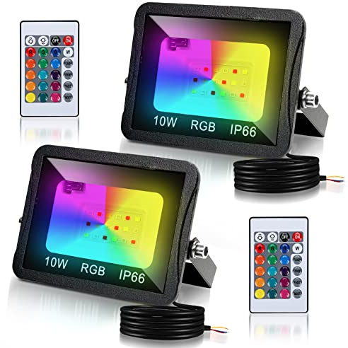 Cecaylie Foco LED RGB para exteriores, 2pcs 10 W Proyector RGB Exterior con mando a distancia, regulable, 16 colores 4 modos IP66, resistente al agua, función de memoria para Terraza