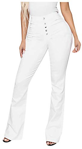 Jean Évasé Bootcut Pour Femme - Taille Haute - Boutons Extensibles - Bas Clochette - Jambe Large - Pantalon de Travail Long - Blanc, S
