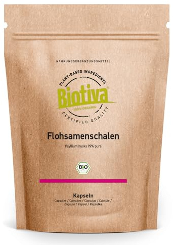 Flohsamenschalen Bio 180 Kapseln - 700mg hochdosiert mit 99% Reinheit - 90% Ballaststoffe - Planago Ovato - Psyllium husk - Abgefüllt und kontrolliert in Deutschland - Biotiva