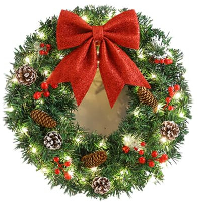 Herfair Weihnachten Deko Türkranz, Weihnachtskranz mit Tannenzapfen, Schleife und Beeren, Adventskranz Dekokranz Weihnachtsdeko für Tür Wand Haus Tisch Fenster (Mit Licht,60cm)