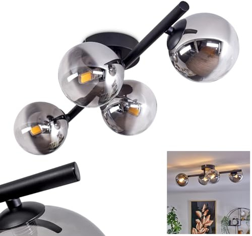 HOFSTEIN Deckenleuchte Chehalis, 4-flammige Deckenlampe aus Metall/Glas in Schwarz/Rauchfarben/Klar, Leuchte im Retro/Vintage-Design, Ø Schirme 10 cm, G9, Esszimmer, Schlafzimmer, Wohnzimmer, Küche