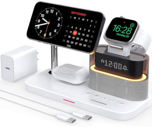 5 in 1 Wireless Charger with Alarm Clock for Apple,Mag-Safe Charging Station for iPhone 16/15/14/13/12,Apple Watch Series 10/9/Ultra 2/8/7/SE/SE2/6/5,Air-Pods 4/3/Pro/2,Magnetic Charger Stand(White)