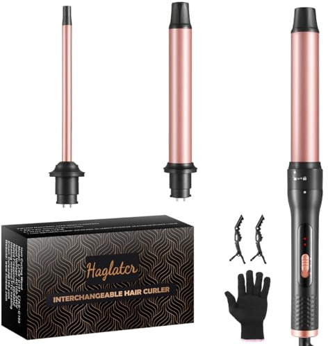 Haglater Lockenstab 3 in 1 Multifunktions Austauschbare Keramikbeschichtung Curling Iron, Lockenstäbe mit Verschiedenen Aufsätzen Große und Kleine Locken, Welleneisen für Beach Waves