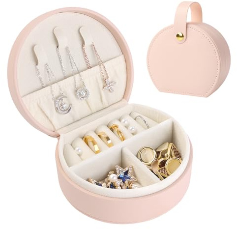 BELICOO Smyckeskrin, gåvor för kvinnor, resesmyckeskrin, mini smyckeskrin, organiserare, PU-läder, smycken, presentask för ringar, örhängen, halsband för kvinnor, flickor – ljusrosa