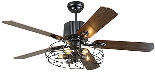 Lustre Moderne, Ventilateur de Plafond Industriel avec Lumière 5 Pales en Bois Ventilateur Industriel de Grenier Lumières Rétro Fer Télécommande Ventilateur Lustre for Salon Chambre Ferme Patios Exté