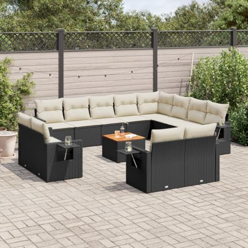 Rantry 13-TLG. Gartenmöbel Set mit Kissen Gartensofa Balkonmöbel Gartenlounge Ecklounge Ecksofa Loungesofa Sitzgruppe mit Gartentisch Loungemöbel Schwarz Poly Rattan
