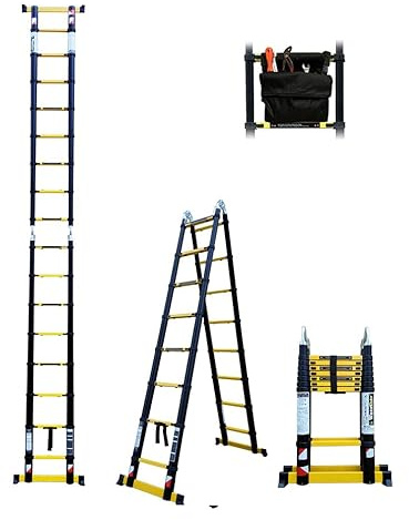 Escabeau-échelle télescopique woerther Double Fonctions - 5m/2m50 - avec Sac Porte Outils - modèle grafitek, en Graphite et Aluminium 7175t6 avec Doubles Barres stabilisatrices - Garantie 5 Ans