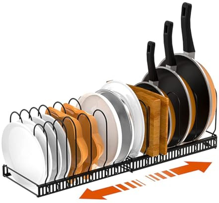 Haoruifu Rangement Poêles et Casseroles avec 10 Compartiments Réglables, Rangement Couvercle Casserole de Cuisine, rangement/Porte-casseroles Support Extensible, Range Couvercle (Noir)