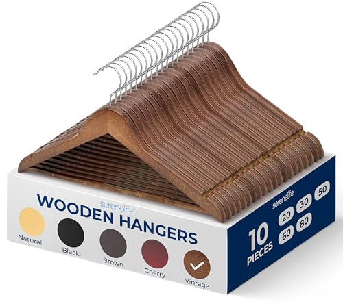 SereneLife Wooden Hangers 10 Pack, Non-Slip, Sturdy, Heavy Duty Suit Hanger Set with 360° Chrome Swivel Hook, Space-Saving Wood Hangers Closet Organizer for Clothes, Coat, Pants, Dress (Vintage)