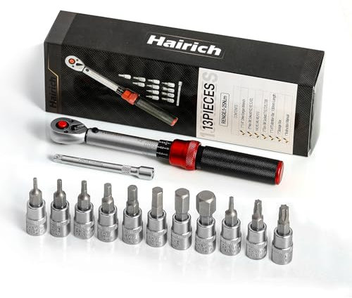 Hairich Clé dynamométrique vélo 1/4, 1-25 Nm, coffret de 13 pièces avec cliquet à 72 dents, rallonge 10 cm, embouts hexagonaux et Torx