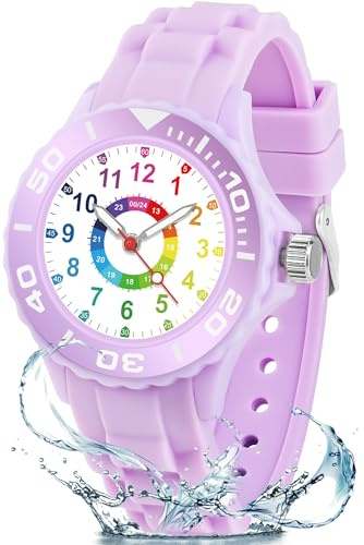 GUUMUXIN Montre pour Enfants Convient Garçons et Filles, Montre Éducative Analogique pour Enfants 5-16 Ans, Facile à Lire, Cadran Multicolore avec des Échelles Claires, Bracelet en Silicone Souple