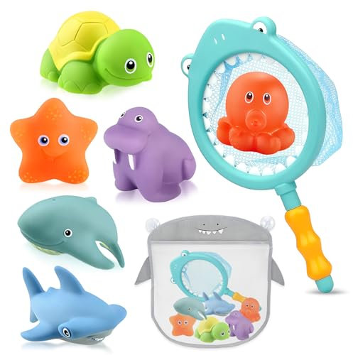 BITOYO Badewannenspielzeug Badespielzeug Baby ab 1 2 3 4 Jahr, 8 Stück Wasserspielzeug Kinder Badewannenspielzeug Baby Pool Spielzeug mit Fischernetz und Aufbewahrungstasche für Badespielzeug