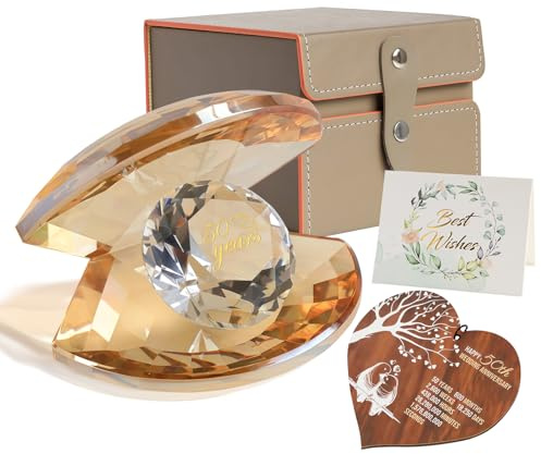 Pkinmonut Kristall-Muschel-Ornament, goldene Hochzeit, romantisches Geschenk, 50. Hochzeitstag, Geschenk für Eltern, Liebe, Ehe, Andenken, Geschenke mit Holzherz und Karte