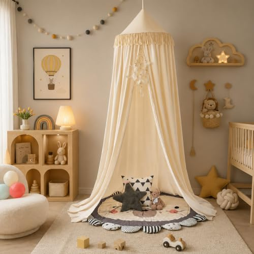 ZIQINPSQ Bed Canopy with Tassels, Bed Canopy for Girls Kids Princess Round Dome Children Dreamy Mosquito Net Reading Nook Decoration (Ivory)