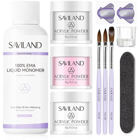 SAVILAND Acryl Nägel Starterset: Anfänger Acryl Nagelset Gel Nägel Set mit Klarem Weiß Rosa Acrylpulver EMA Monomer Acryl Pinsel für Nagelverlängerung 3D Nagelkunst Home DIY Nägel Selber Machen