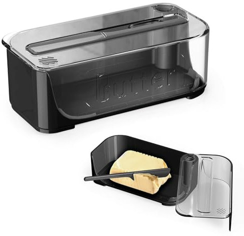 Butter Dish Plástico, Mantequillera ABS con Tapa Sellada Cuchillo Integrado, Base Antideslizante - Ideal Nevera, Regalo para Amantes de la Cocina, Ideal para Mantequilla, Ghee y Snacks - Negro