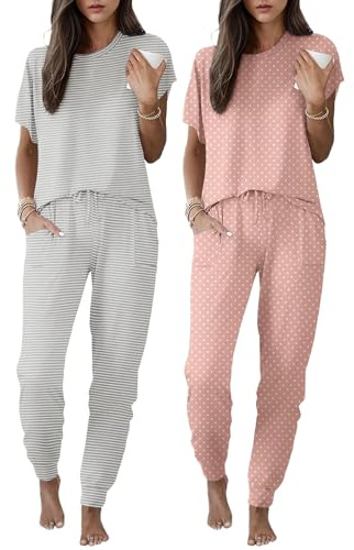Ekouaer 2 pack Pajama Sets for Womens Jogger Pants Pjs Short Sleeves Lounge Set Soft Sleepwear with Pockets Gray Stripe and Pink Dots S