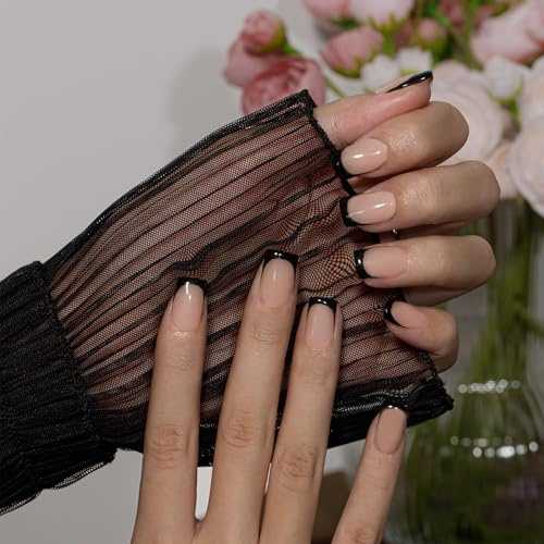 KQueenest French Tip False Nails, Black Press on Nails Short Square, Natural Nude Full Cover Short Fake Nails Press ons, Reusable Soft Gel Stick on Nail for Women, 30 Pcs