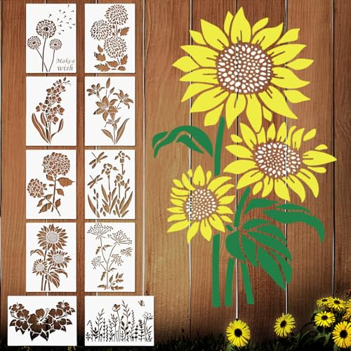 10 Pcs Large Flower Stencils for Wood Fence, 13.8 × 10 Inch Floral Stencils for Painting on Walls, Extra Large Sunflower Stencil, Reusable Templates for Wood Garden Fence Furniture Fabrics DIY Decor