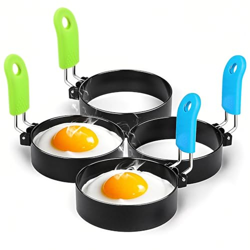 Guoxintech Lot de 4 anneaux à œufs (2 bleus + 2 verts) pour faire frire des œufs avec poignée pliable anti-brûlure, moule pour œufs au plat antiadhésif avec une brosse à huile revêtement anti-adhésif