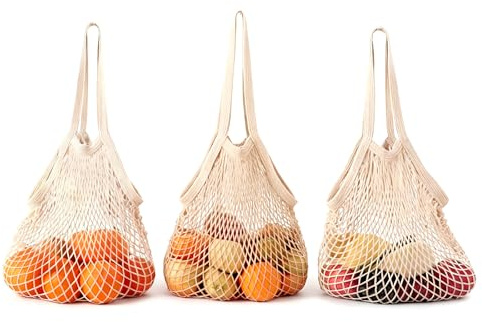 Cosswe 3 Stück Baumwolle Einkaufsnetz Bags,Wiederverwendbare Netztasche Einkaufstasche Netz Einkaufsnetzbeutel mit langem Griff für die Aufbewahrung von Obst und Gemüse Sandspielzeug
