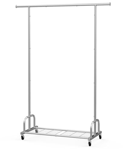 Sakugi kleiderständer auf rollen - Garderobenständer mit eingebautem Gitterablage & breiter Kleiderstange, ideal für Schlafzimmer, Wäscheraum, Eingangsbereich, 116 x 43 x 148 cm, Silber