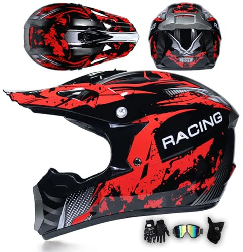 MODRYER Casco Motocross Hombre Mujer Casco Integral De Moto ECE Casco Cross para ATV Bicicleta Off Road Downhill Eduro Quad BMX MTB Jóvenes Adultos Casco De Descenso, con Gafas Guantes,Red-XL