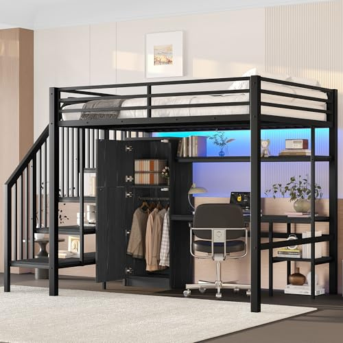 Kebnor Metall-Hochbett 140x200 mit Schreibtisch, Regal, Kleiderschrank und Stauraumtreppe, Schwarz