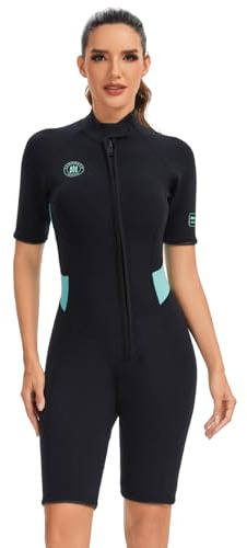 Lemorecn 2mm Shorty Wetsuit Women, Front Zip Wetsuits, Ultra-Stretch Neoprene Thermal Swimsuit Diving Suit for Swimming Surfing Kayaking Snorkeling & Water Sports (UK0225-GREEN-L)