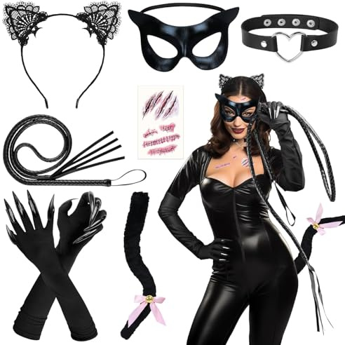 iZoeL Costume Gatto Nero Donne Cerchietto con Orecchie Gatto, Costume Carnevale/Halloween/Ballo in Maschera - Maschere Cerchietto Coda Collare Artigli per Gatti Frusta Tatuaggio（Nessun Abbigliamento）