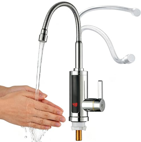 Weciau Wasserhahn mit Durchlauferhitzer, 360° Drehbarer LED Elektrische Küchenarmatur mit Durchlauferhitzer, 220V 3000W Heißwasserhahn für Küche Bad Garten Wohwagen