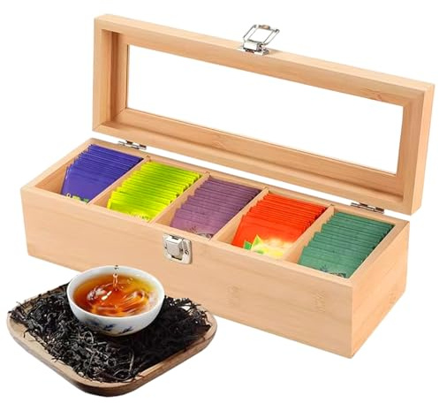 Organizer per bustine di tè, in legno, multi slot, contenitore trasparente con coperchio, scomparti lisci per una facile selezione, organizzazione ordinata del piano di lavoro, supporto per cucina
