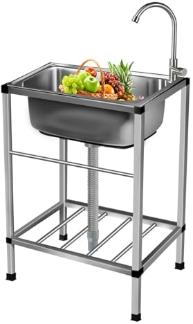 Lavello Autoportante Acciaio Inox, Lavandino da Esterno con Rubinetto Lavandino Commerciale Lavello di Utilità Lavabo Cucina Lavamani Industriale Per Esterni Cortile Garage Campeggio 52X38cm