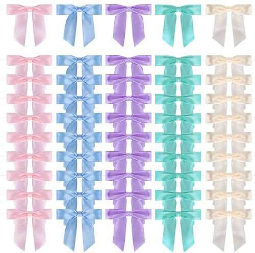 Foshird 50 Stück Pastell Schleifen Selbstklebend 9x9cm mit Draht Klebepads | Geschenkschleifen Polyester Kleine Schleifenband Deko für Hochzeit Auto Geburtstag Basteln DIY