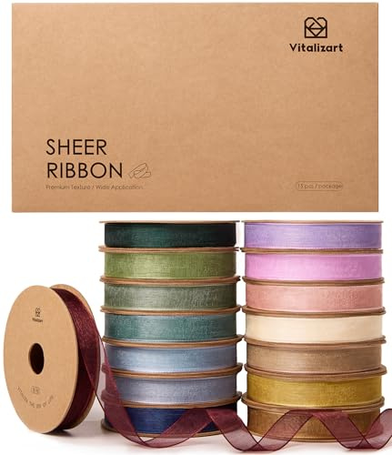 Vitalizart Cinta de Organza de 0,95 cm x 137,1 m Mezcla de 15 Colores, 15 Rollos x 9,14 m, Cinta Decorativa para Envolver Regalos, Manualidades, Lazos para Árboles de Navidad, Invitaciones de Boda