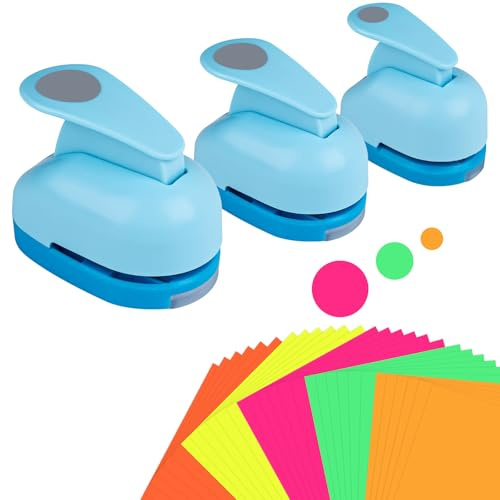 Stanzer Rund 3 Stück mit 30 Bunte Handgemachte Aufkleber, Papierstanzer | für Geschenkanhänger, Basteln, Scrapbooking, Fotos, Grußkarten DIY Scrapbooking(10mm 15mm 25mm)