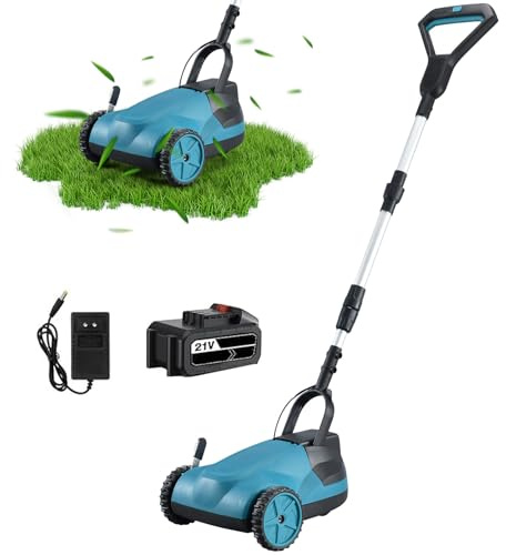 Coupe-Bordures et Tondeuse Finition sans Fil 21V, Complément Idéal du Robot Tondeuse, Gazon, Bordures & Petits Jardins,Largeur de Coupe 21cm,Hauteur&Angle Réglables,pour Gazon,Mauvaises Herbes (Bleu)