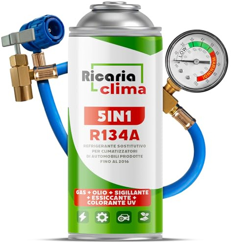 Ricaria Clima 5 en 1 – Refrigerante sustituto R134a + Manguera de 235 g para Aire Acondicionado de Coche con Aceite, sellador de Fugas, trazador UV y deshidratante – Protege el compresor