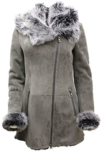 Infinity Luxuriöser Grauer Wildleder Merino Lammfell Mantel mit Toscana Kragen
