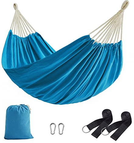 SONGMICS Hamaca, 210 x 150 cm, Hamaca Doble, Carga de 300 kg, para Jardín, Terraza, Balcón, al Aire Libre, Camping, Bolsa de Transporte, Correas de Fijación y Mosquetones, Azul GDC15BU
