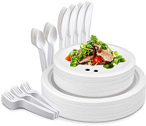 TOROTON 125Pcs Ensemble de Vaisselle Jetable, Vaisselle Réutilisable, avec Assiettes, Fourchettes, Couteaux et Cuillères, pour Anniversaire Mariage Camping, Service 25 Invités