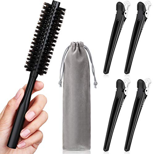 Petite Brosse à Cheveux Ronde 1,2 Pouces Pour Cheveux Courts - Poils de Sanglier, Manche en Bois, 4 Pinces et Sac à Cordon - Pour Barbe et Coiffure