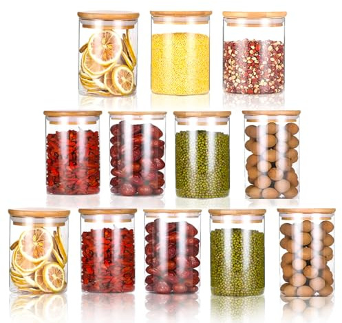 XUDREZ Lot de 12 bocaux en verre de 200 ml avec couvercles en bambou et anneau en silicone, conteneurs hermétiques pour la cuisine, le thé, les pâtes, le café, la farine, les herbes, les céréales