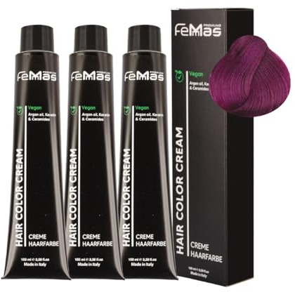 FemMas teinture Pure et Mix Pure&Mix Violet 3x I Crème colorante à l'huile d'argan, kératine et céramides I Coloration permanente ou teinture I Résultats éclatants et durables I 100 ml