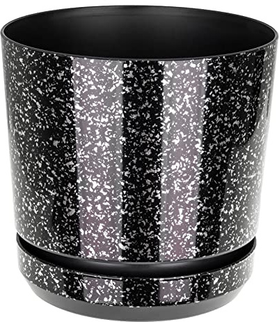 KORAD Black & Silver Fleck Indoor Plant Pots–Modern Round Plastic Flower Pots with Drainage Hole & Matching Saucer–6 Sizes, Lightweight Durable Planters for Succulents, Herbs & Small Plants (12 cm)