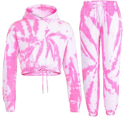 A2Z 4 Kids Girls Tie Dye Tracksuit Crop Hooded Top Bottoms Jogging Outfits