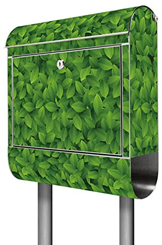 banjado® Briefkasten mit Standfuß Motiv WT Grüne Blätter - Stand Briefkasten Edelstahl mit Zeitungsfach - Postbox/Postkasten A4 Einwurf inkl. Montagematerial & 2 Schlüssel