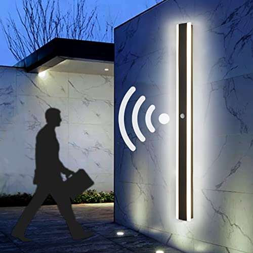 VOMI Lange Wandleuchte Aussen mit Bewegungsmelder Kaltweißess 6000K LED Wandlampe Innen/Außen IP65 Schwarz Schmal Lichtleiste Aussenleuchten Lampe Wand Wohnzimmer Treppen Gärten Terrassen Flur,100cm